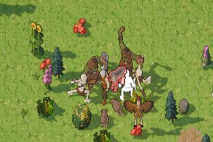 A fight near Aquais: the wolf we fight is outlined in red, the skeleton beside it flashes white as it is struck