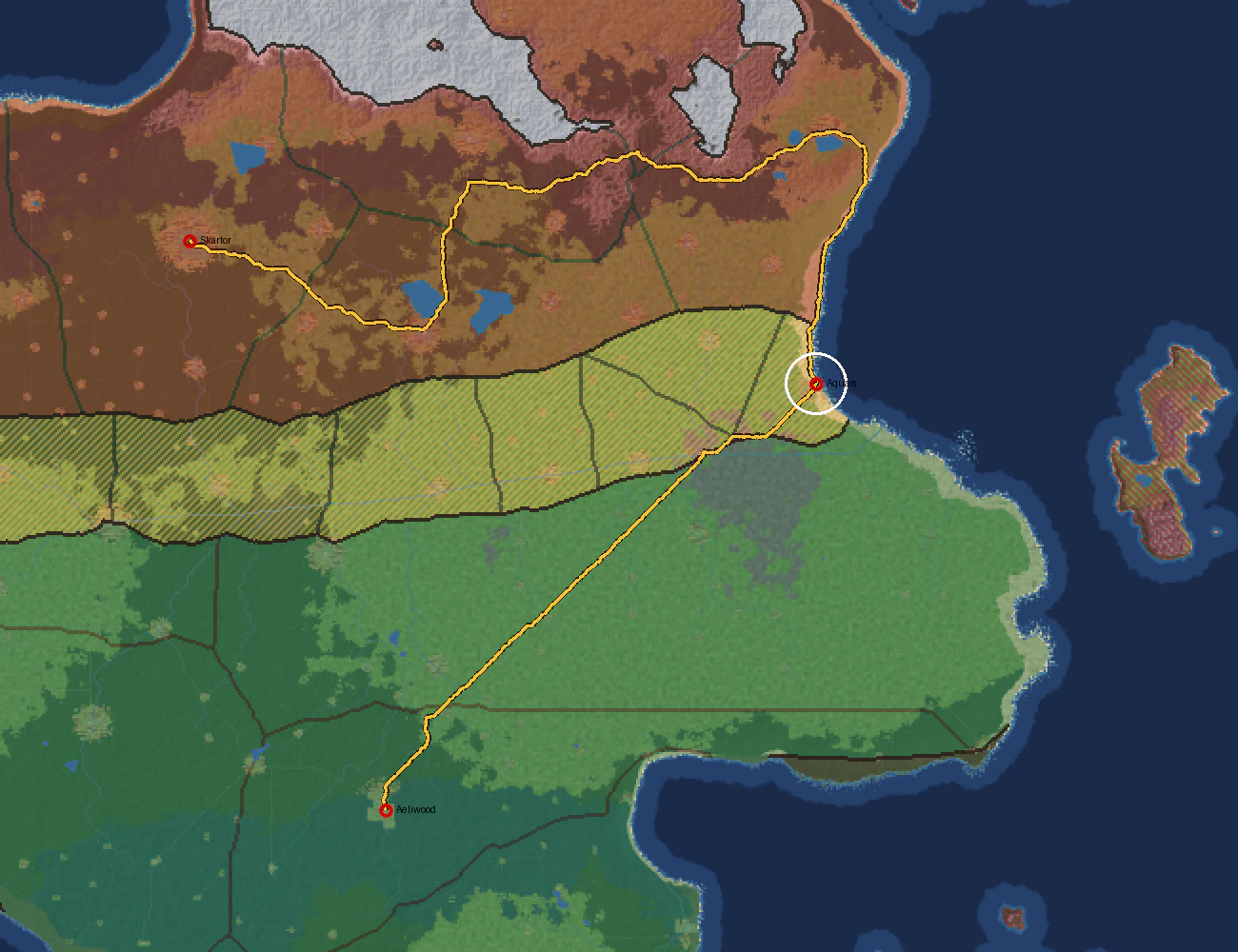 The realms of Felucca: Aquais in the yellow March on the east coast, guarded highways to Skartor and Aeliwood