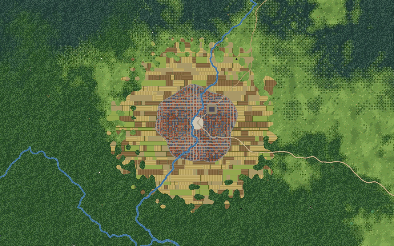 A capital at one pixel per tile: walled streets and roofs, a castle, the river through the town and patchwork fields around it