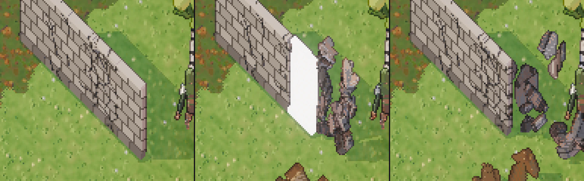 Cracks at ¼, ½ and ¾ damage, a hit flash, and a broken wall