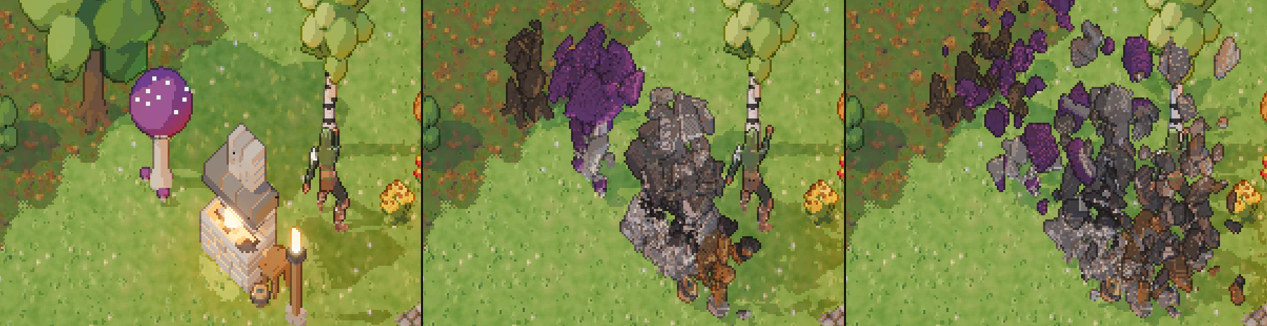 An oak, a giant mushroom, a large forge and a torch: intact, breaking, scattered