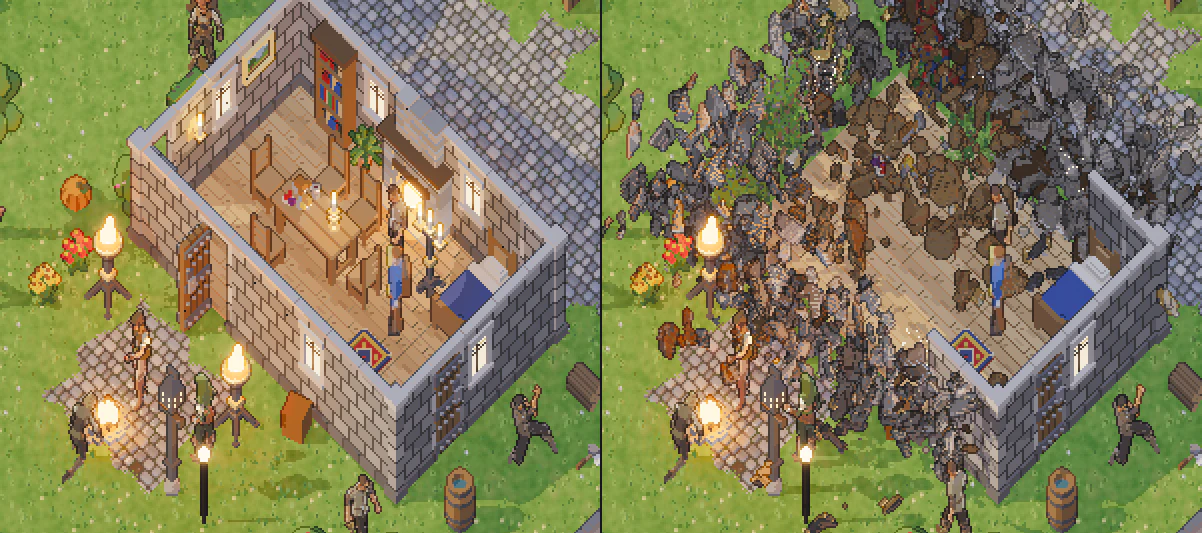The demo house before and half a second after a radius-4 blast