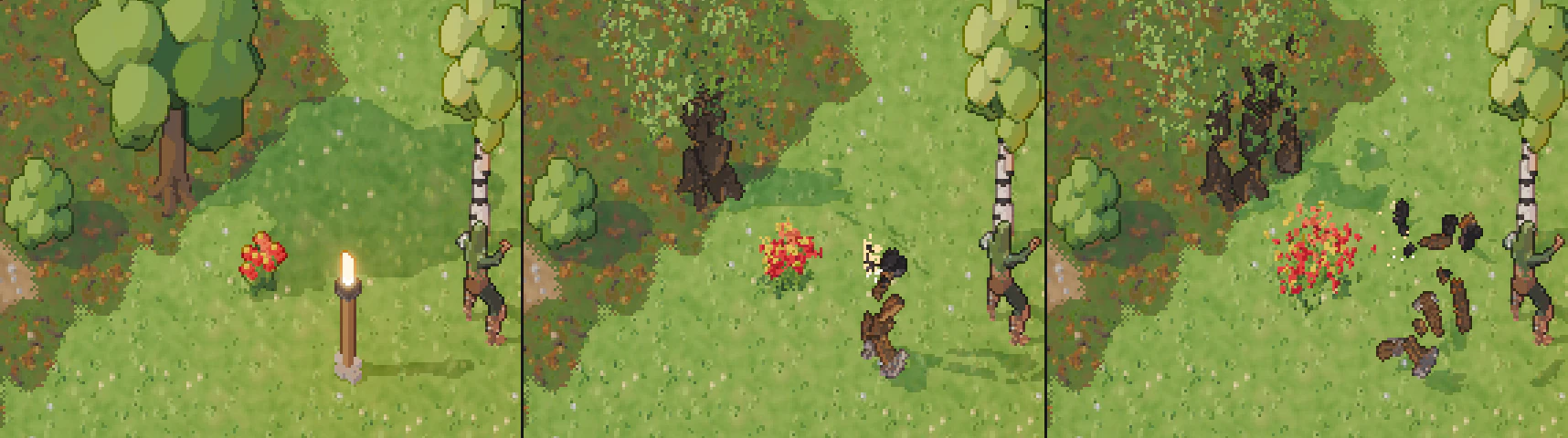 An oak, a flower bed and a torch: intact, just broken, half a second later