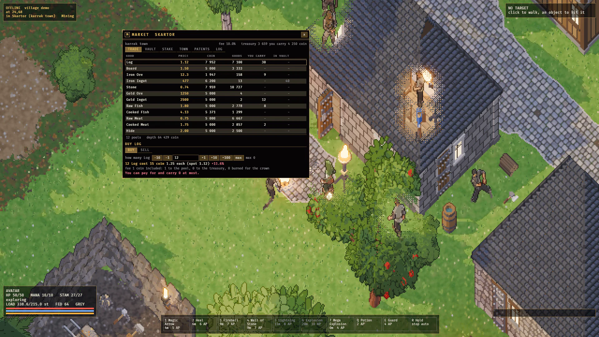 The trade tab: how many, what it costs, the price per unit against the spot price