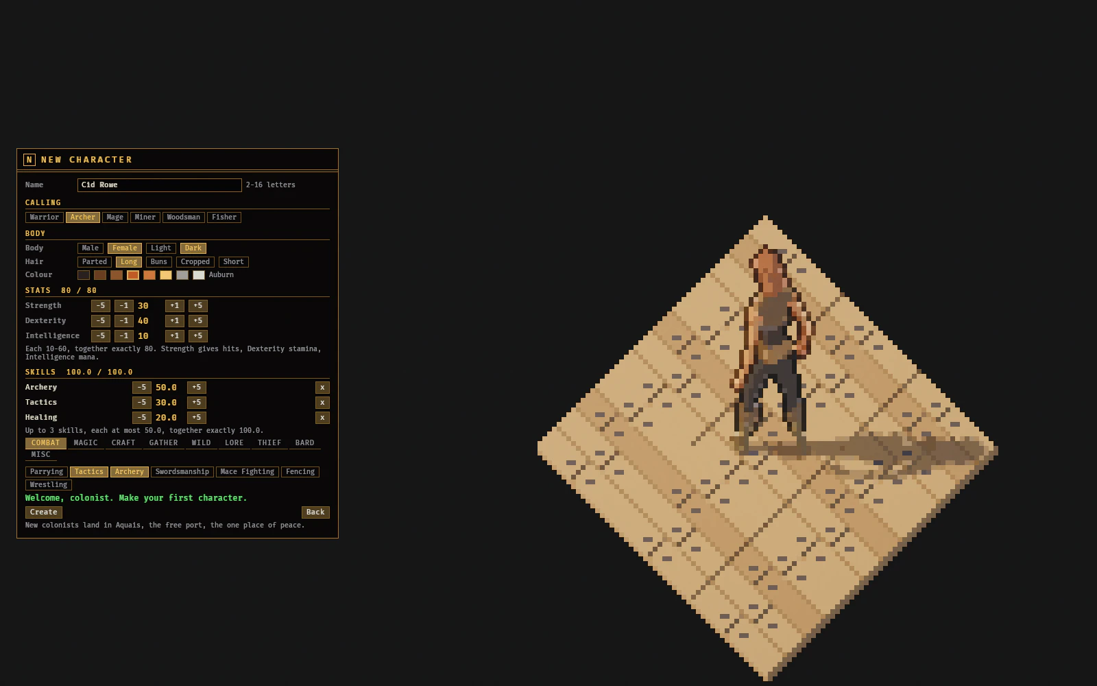 Making a character on the main menu