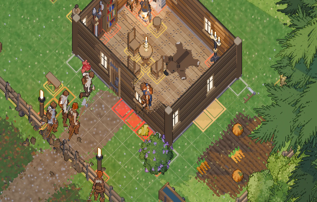 Inside the forest cabin: furniture outlined by the cover it gives, and the tiles of heavy blows filling up before they land