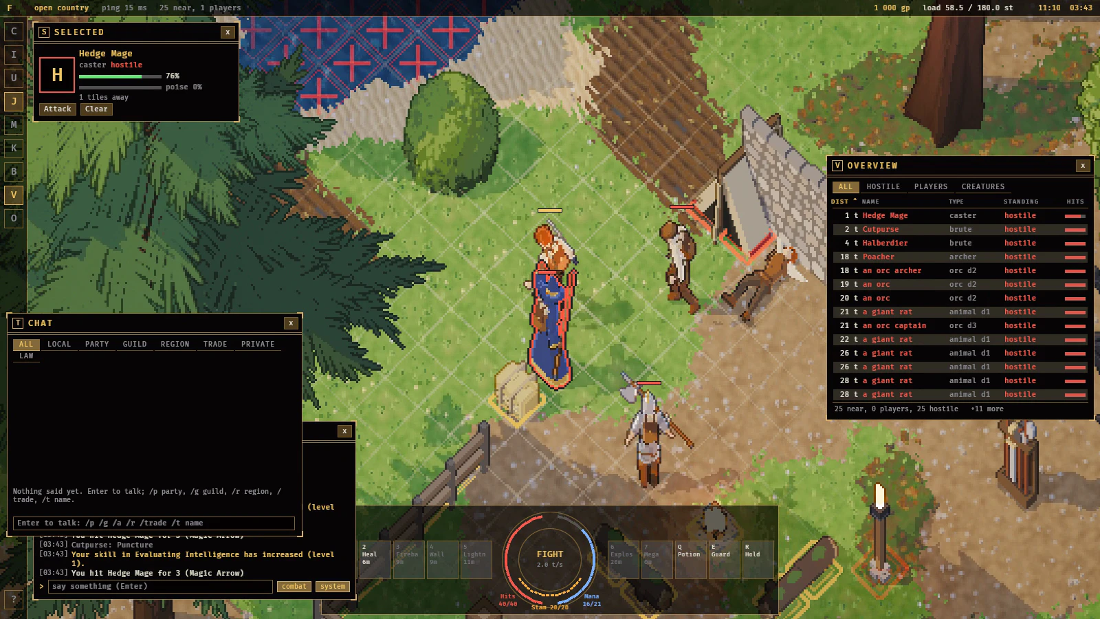 Online by a bandit camp: the grid marks the water as impassable, the cutpurse's Puncture glows orange on the ground