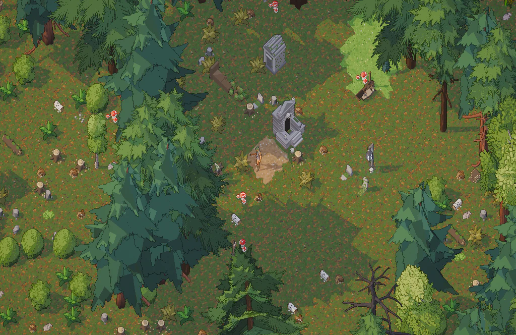 A crypt in a forest glade, nothing in front of it but grass