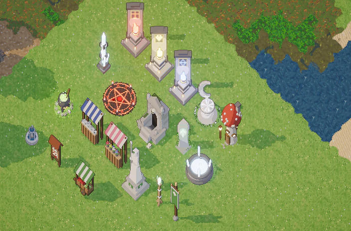 Arcane and town props: virtue shrines with their flames, a summoning circle, a crypt door, a moon basin, a mushroom house, market stalls