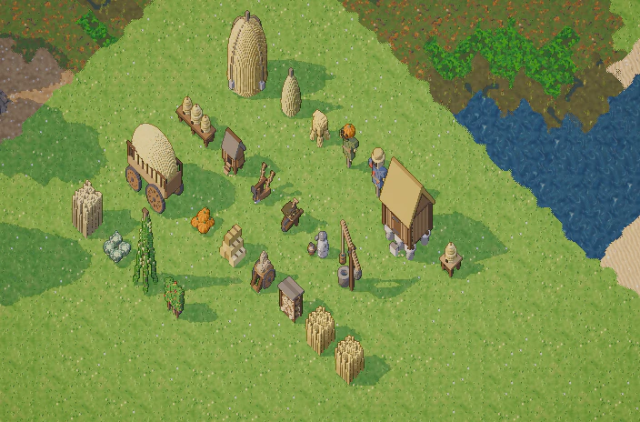 Farm props: a round haystack, a hay wagon, a granary on staddle stones, beehives, a well sweep, scarecrows, a plough, crops
