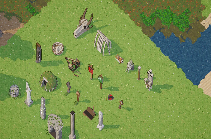 Grim props: a dragon's skull, a whale's ribcage, a barrow mound, standing stones, a giant stone head, skeletons, torn banners
