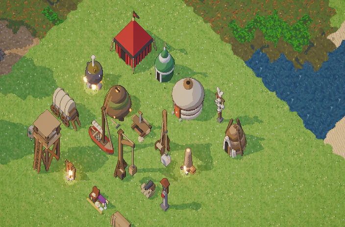 Camp props: the tents of the Dominion and the Concord, a yurt, an orc hut, a charcoal kiln, a quarry crane, a lookout, a fishing boat, a merchant's wagon