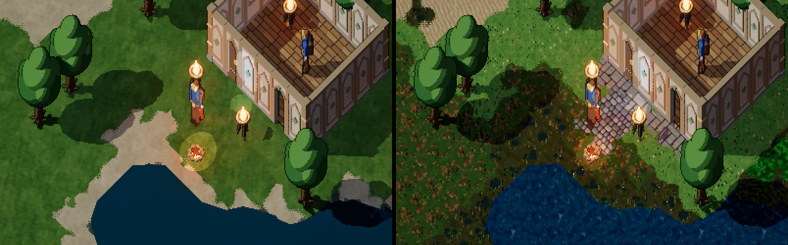 Terrain before (procedural) and after (baked tiles), demo start, zoom 4