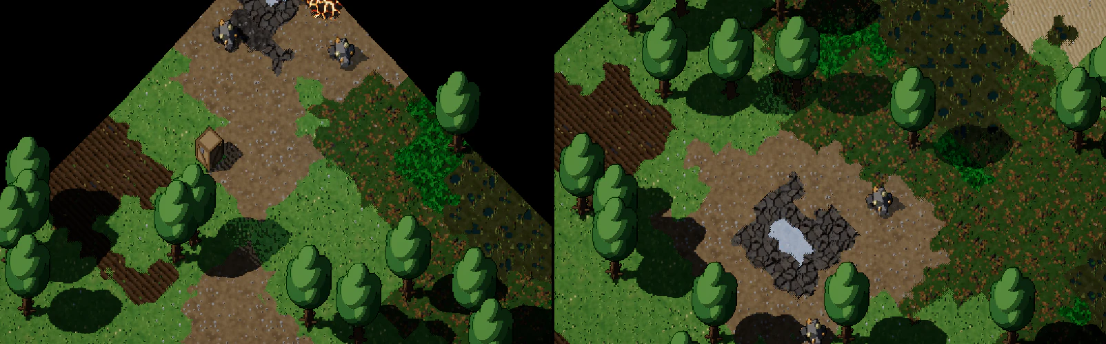 Generated terrain types at zoom 3: furrows, dirt, cave, rock, lava, forest, jungle, swamp (left); snow cap, sand (right)
