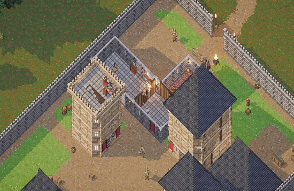 Fort Torungrad: crenellated walls, a gate with torches, a tower and barracks in the yard