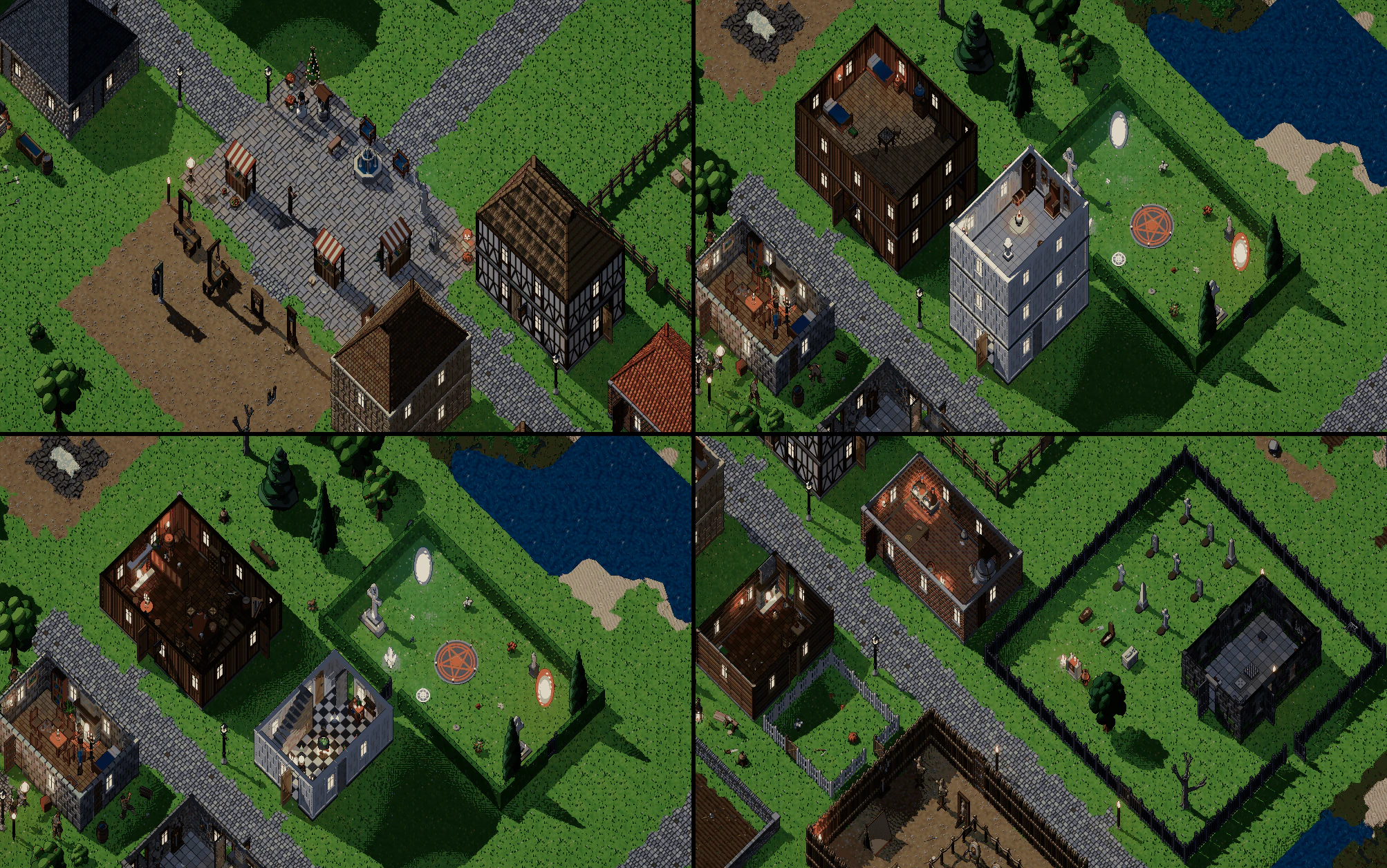 The demo village: the plaza by day; the tavern and the three-storey mage tower with roofs off; ground floors only; the gaol, graveyard, bakery and stockade