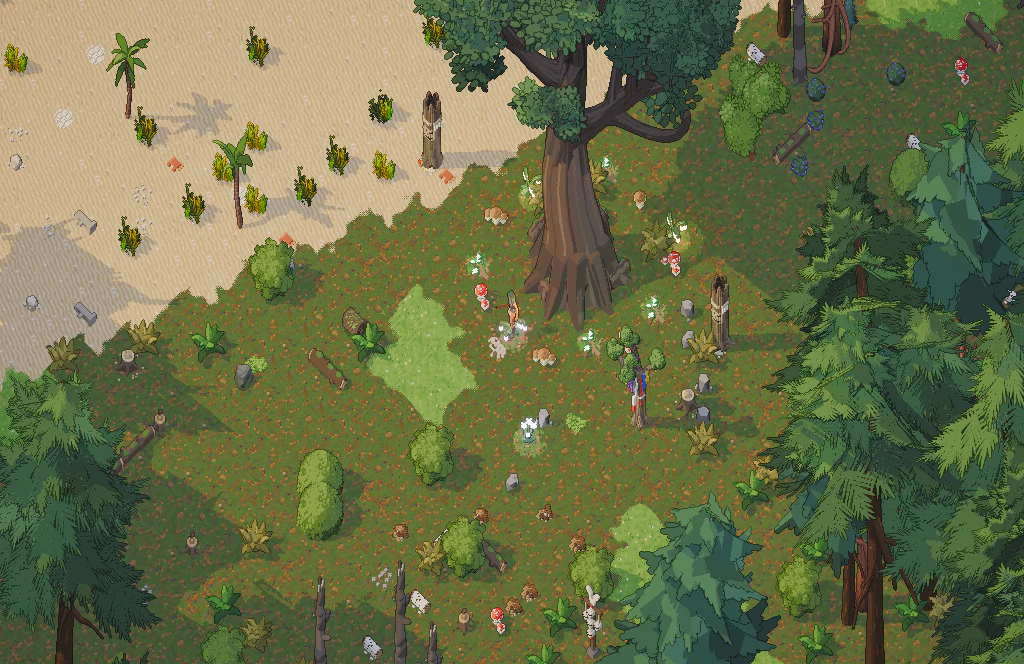 An ancient tree in a forest glade, mushrooms and lantern flowers around its roots