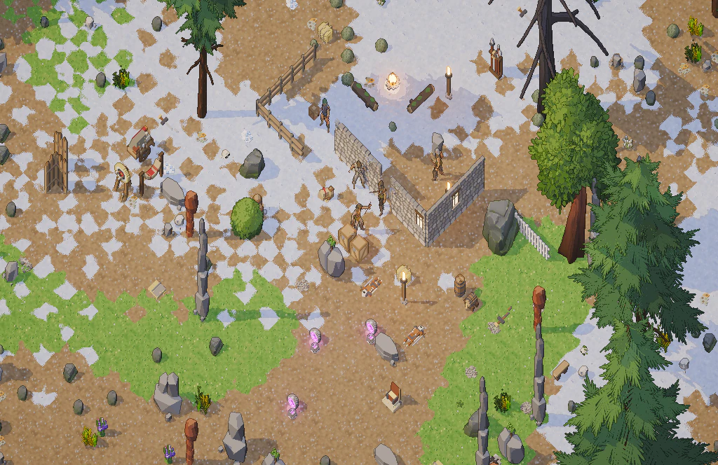 A bandit camp: broken walls, tents, totems, the bandits standing guard