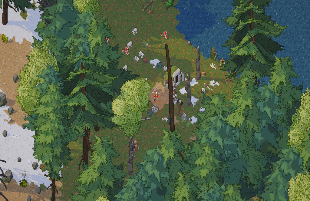 A barrow in a pine forest by a lake, graves around its stone door