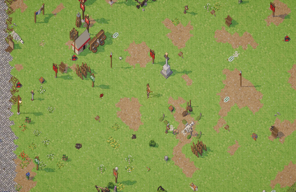 A battlefield: trampled grass and mud, torn banners of both realms, weapons in the ground, the memorial in the middle