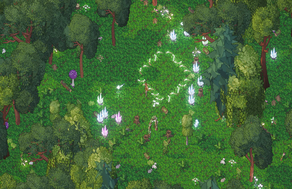 A fairy ring glowing in the woods of the Concord, crystals and lantern flowers around it