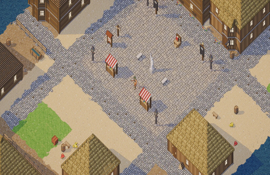 The square of a port town, thatched houses around it