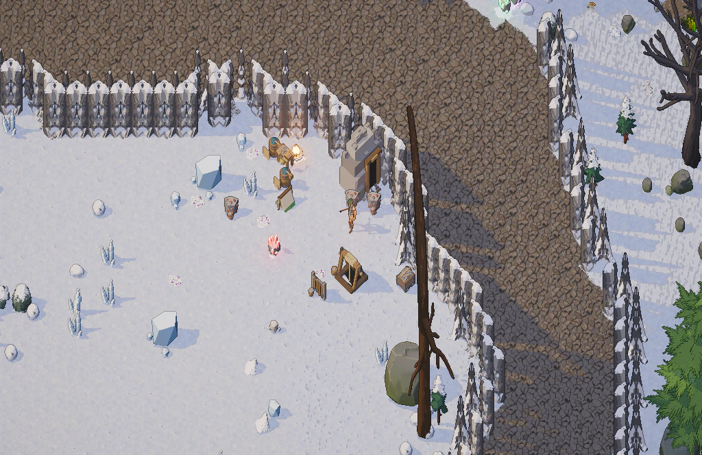 A mine dug into a snowy cliff, ore carts and a winch at its mouth