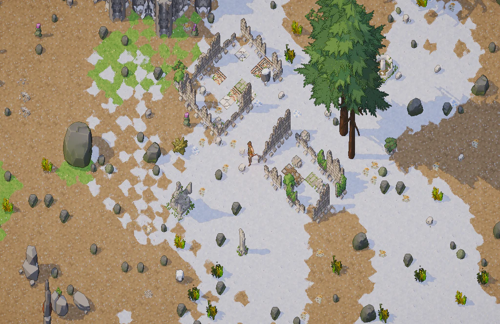 A ruin of the Old Empire on the edge of the snow: broken walls, a mosaic floor, rubble and weeds
