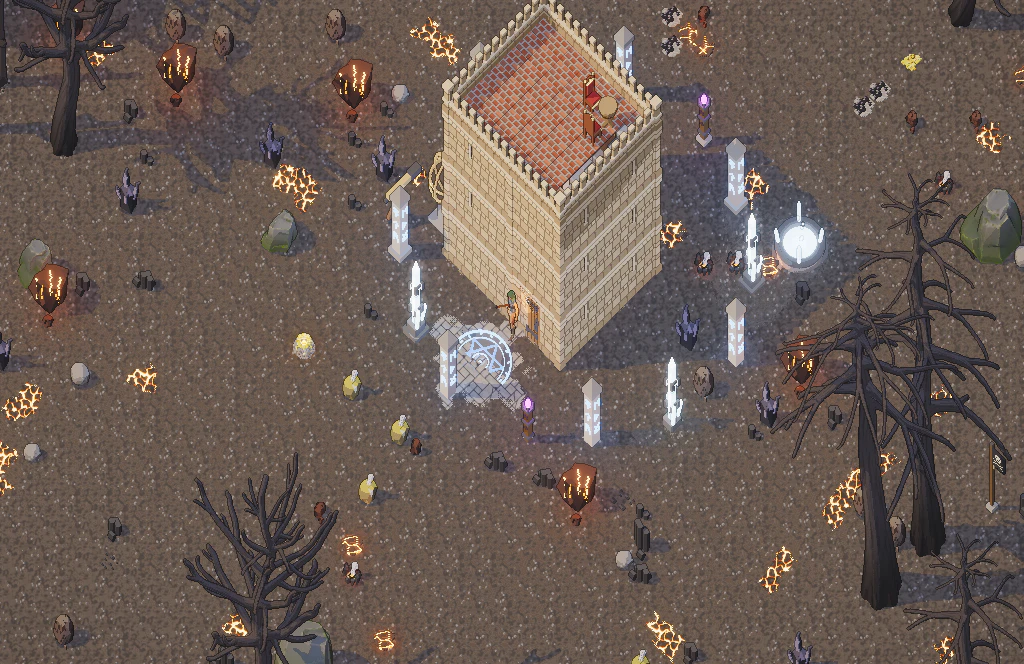 A wizard's sandstone tower in the ash lands, glowing pylons and an arcane circle at its door