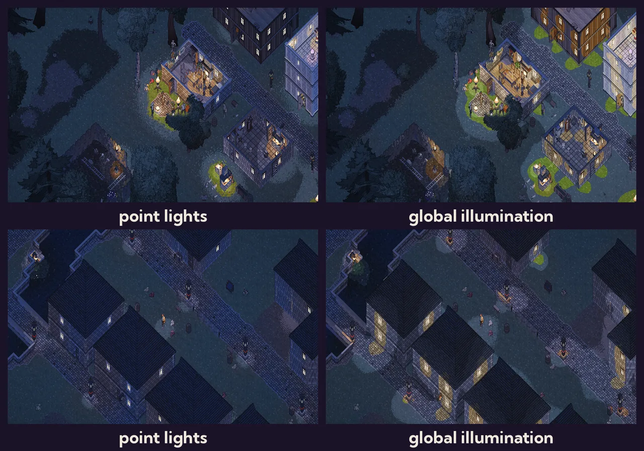 The same streets at nine in the evening: point lights on the left, global illumination on the right