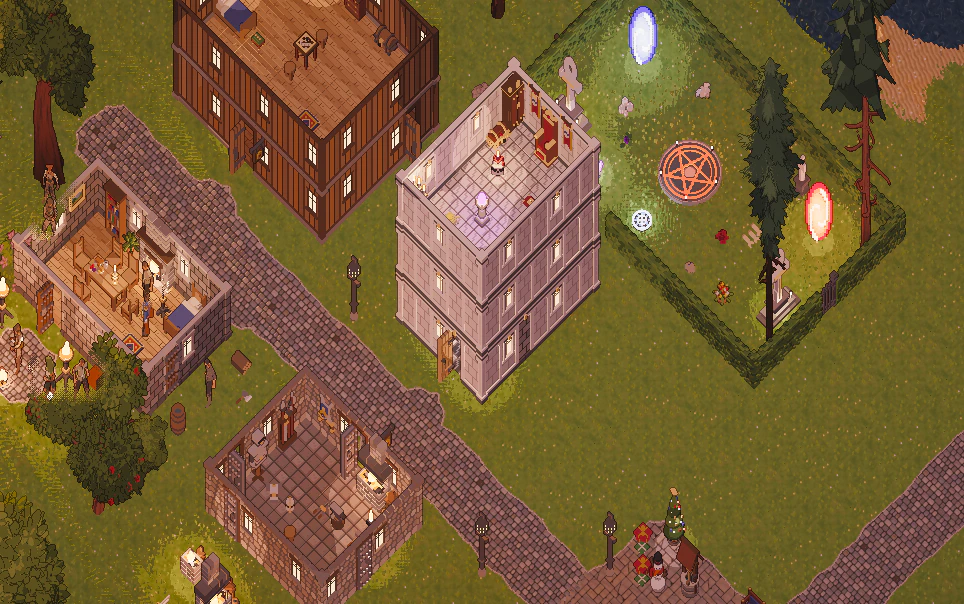 The demo village at six in the evening, roofs lifted: the mage's tower, its moongates and the houses around it